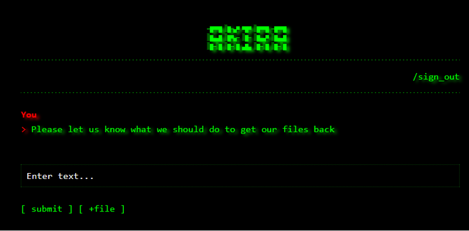 Computer screen displaying a message requesting instructions from ransomware attackers on how to recover files.