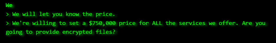 Computer screen displaying a $750,000 ransom demand.